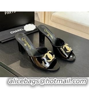 Luxury Chanel Patent Calfskin Heel Slides Sandal 8.5cm with Maxi CC Black 2025FW CH071511