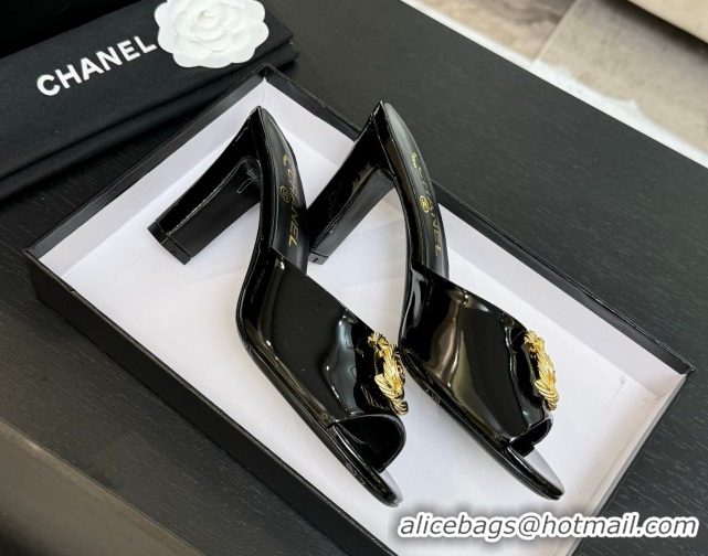 Luxury Chanel Patent Calfskin Heel Slides Sandal 8.5cm with Maxi CC Black 2025FW CH071511