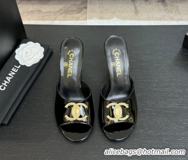 Luxury Chanel Patent Calfskin Heel Slides Sandal 8.5cm with Maxi CC Black 2025FW CH071511