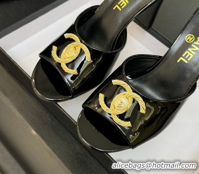 Luxury Chanel Patent Calfskin Heel Slides Sandal 8.5cm with Maxi CC Black 2025FW CH071511