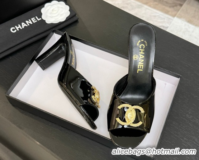 Luxury Chanel Patent Calfskin Heel Slides Sandal 8.5cm with Maxi CC Black 2025FW CH071511