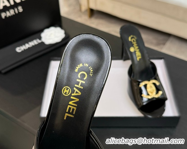 Luxury Chanel Patent Calfskin Heel Slides Sandal 8.5cm with Maxi CC Black 2025FW CH071511
