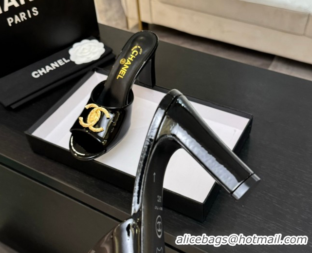 Luxury Chanel Patent Calfskin Heel Slides Sandal 8.5cm with Maxi CC Black 2025FW CH071511