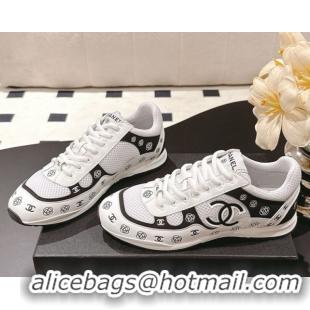 Buy Luxury Chanel Printed Leather & Mesh Sneakers White/Black 2025 CH071512