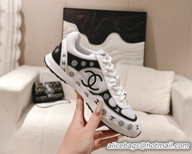 Buy Luxury Chanel Printed Leather & Mesh Sneakers White/Black 2025 CH071512