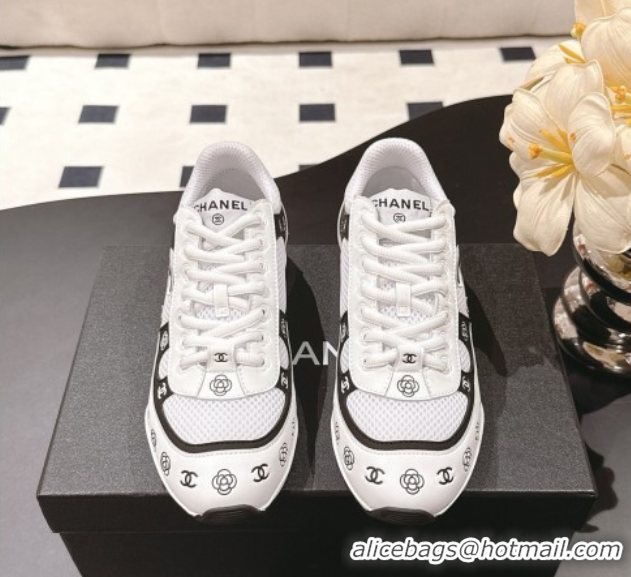 Buy Luxury Chanel Printed Leather & Mesh Sneakers White/Black 2025 CH071512