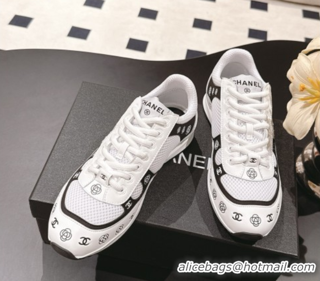 Buy Luxury Chanel Printed Leather & Mesh Sneakers White/Black 2025 CH071512