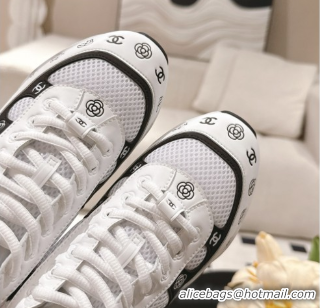 Buy Luxury Chanel Printed Leather & Mesh Sneakers White/Black 2025 CH071512