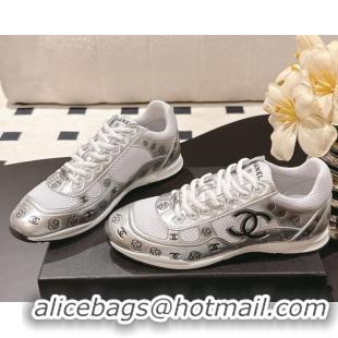Buy Discount Chanel Printed Leather & Mesh Sneakers Silver/White 2025 CH071512
