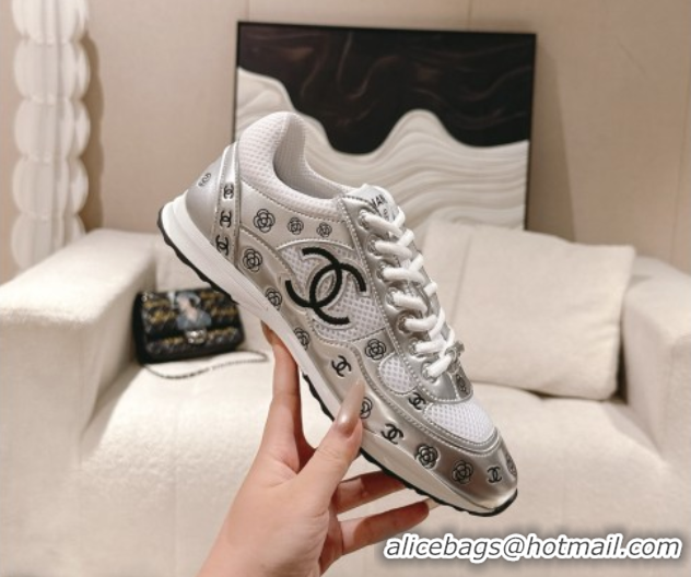Buy Discount Chanel Printed Leather & Mesh Sneakers Silver/White 2025 CH071512