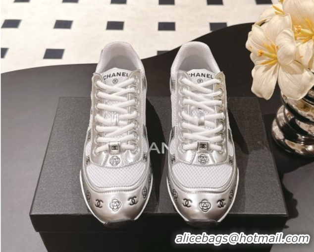 Buy Discount Chanel Printed Leather & Mesh Sneakers Silver/White 2025 CH071512