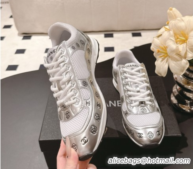 Buy Discount Chanel Printed Leather & Mesh Sneakers Silver/White 2025 CH071512