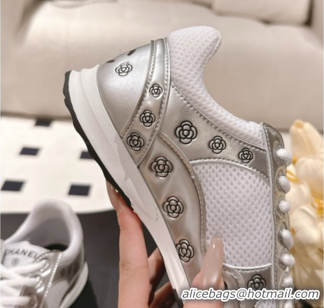 Buy Discount Chanel Printed Leather & Mesh Sneakers Silver/White 2025 CH071512
