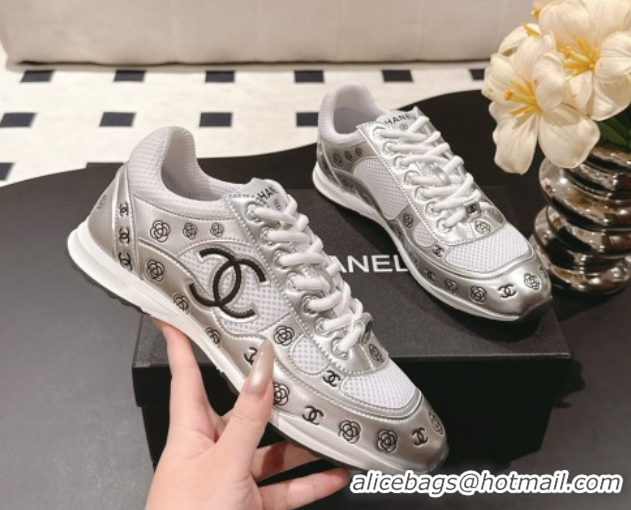 Buy Discount Chanel Printed Leather & Mesh Sneakers Silver/White 2025 CH071512