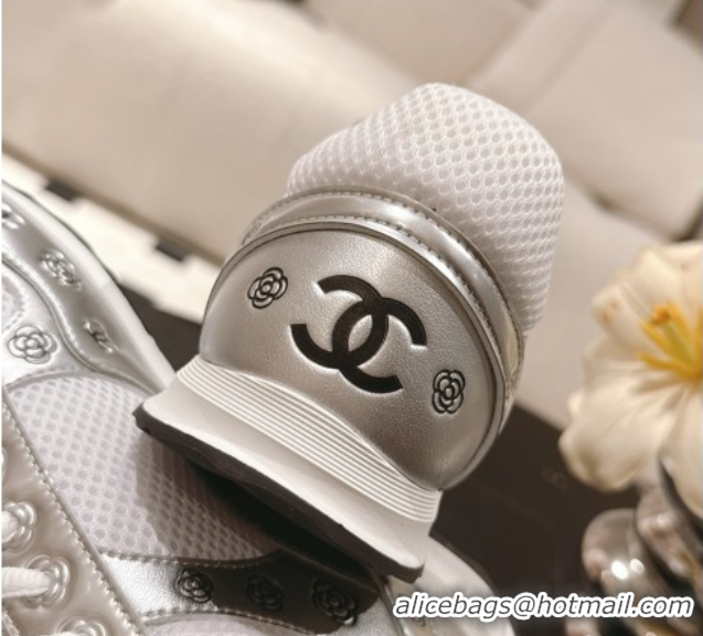 Buy Discount Chanel Printed Leather & Mesh Sneakers Silver/White 2025 CH071512