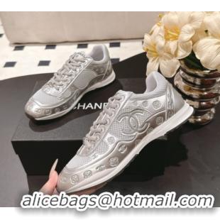 Generous Chanel Printed Leather & Mesh Sneakers Silver/Grey 2025 CH071512