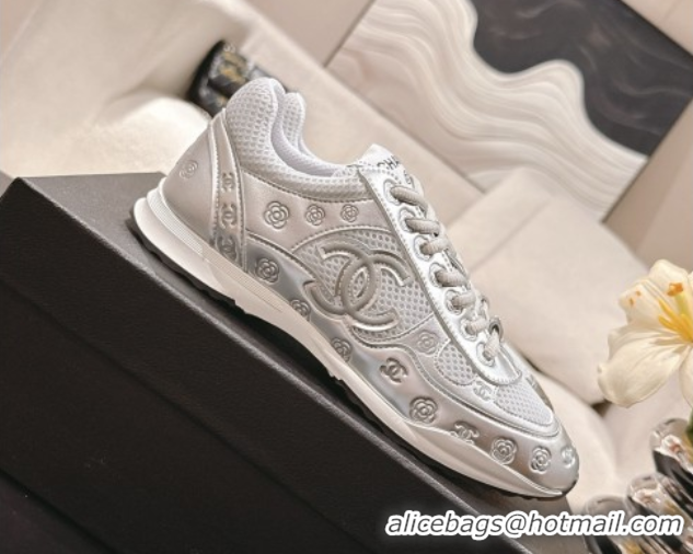 Generous Chanel Printed Leather & Mesh Sneakers Silver/Grey 2025 CH071512