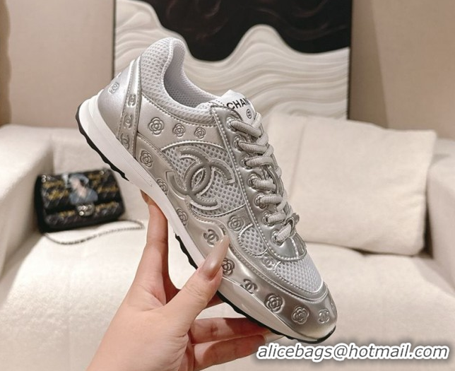 Generous Chanel Printed Leather & Mesh Sneakers Silver/Grey 2025 CH071512