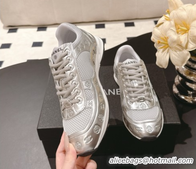 Generous Chanel Printed Leather & Mesh Sneakers Silver/Grey 2025 CH071512
