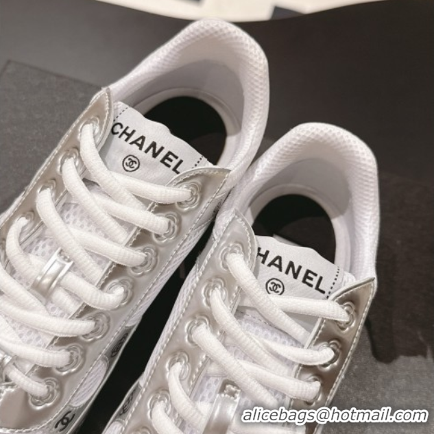 Generous Chanel Printed Leather & Mesh Sneakers Silver/Grey 2025 CH071512