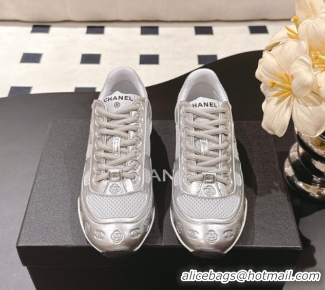 Generous Chanel Printed Leather & Mesh Sneakers Silver/Grey 2025 CH071512
