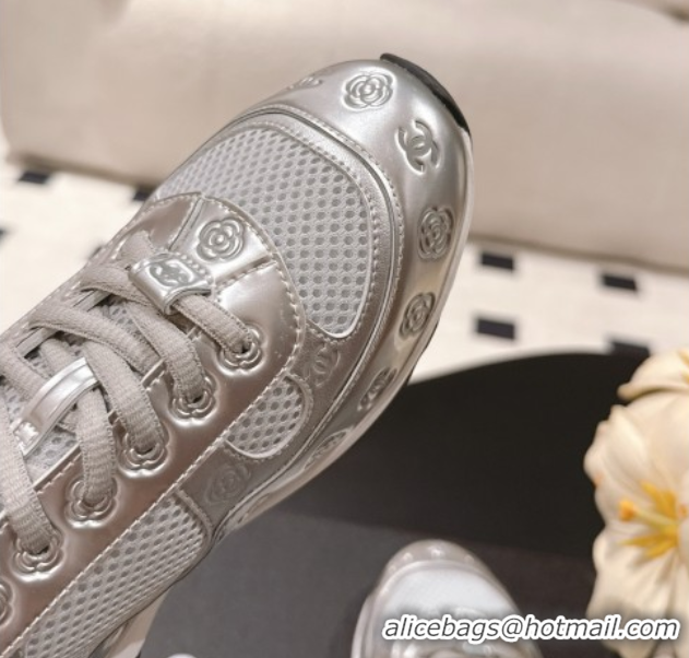 Generous Chanel Printed Leather & Mesh Sneakers Silver/Grey 2025 CH071512