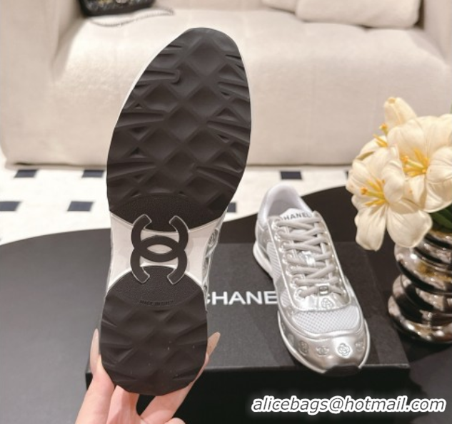 Generous Chanel Printed Leather & Mesh Sneakers Silver/Grey 2025 CH071512