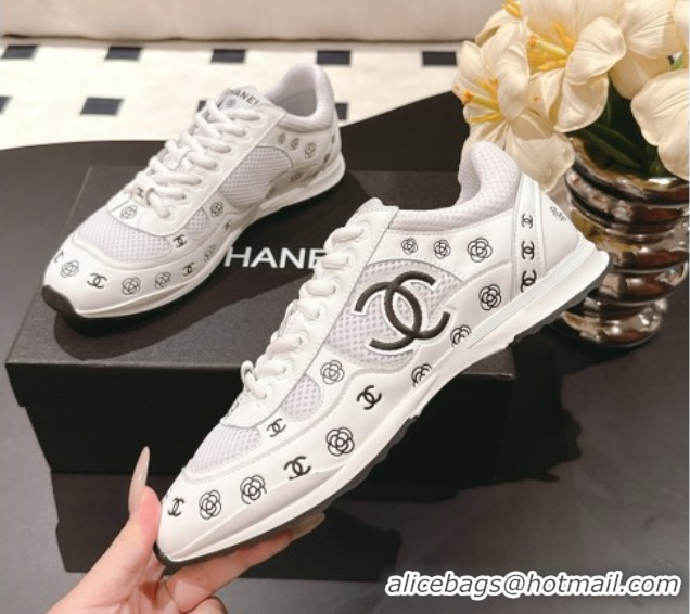 Luxury Cheap Chanel Printed Leather & Mesh Sneakers White2 2025 CH071512