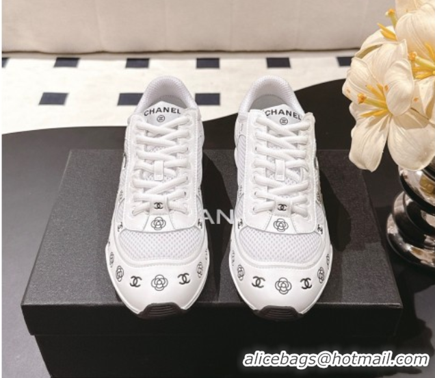 Luxury Cheap Chanel Printed Leather & Mesh Sneakers White2 2025 CH071512