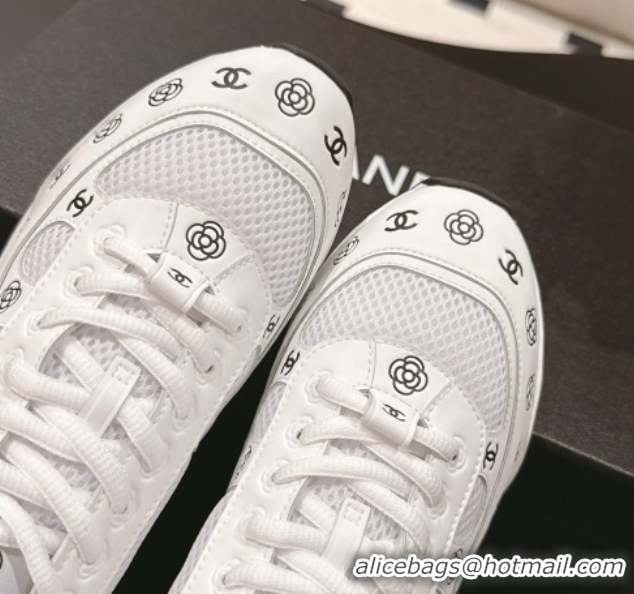 Luxury Cheap Chanel Printed Leather & Mesh Sneakers White2 2025 CH071512