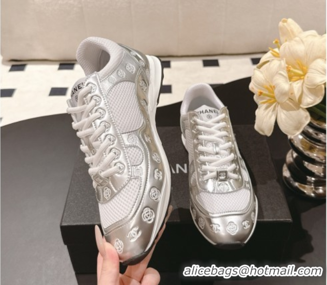 Classic Hot Chanel Printed Leather & Mesh Sneakers Silver2 2025 CH071512