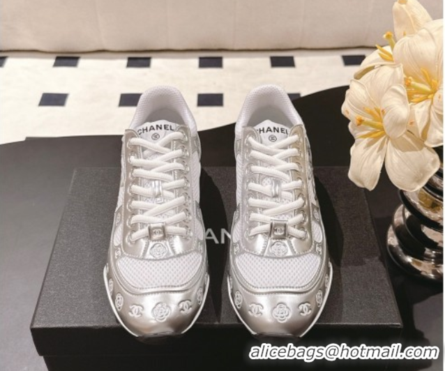 Classic Hot Chanel Printed Leather & Mesh Sneakers Silver2 2025 CH071512