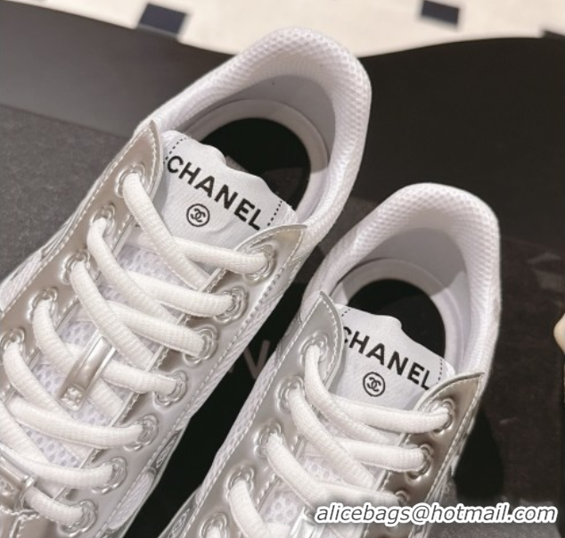 Classic Hot Chanel Printed Leather & Mesh Sneakers Silver2 2025 CH071512