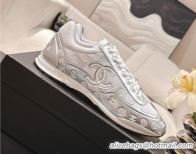 Classic Hot Chanel Printed Leather & Mesh Sneakers Silver2 2025 CH071512