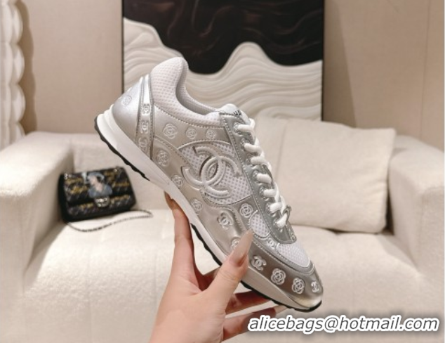Classic Hot Chanel Printed Leather & Mesh Sneakers Silver2 2025 CH071512