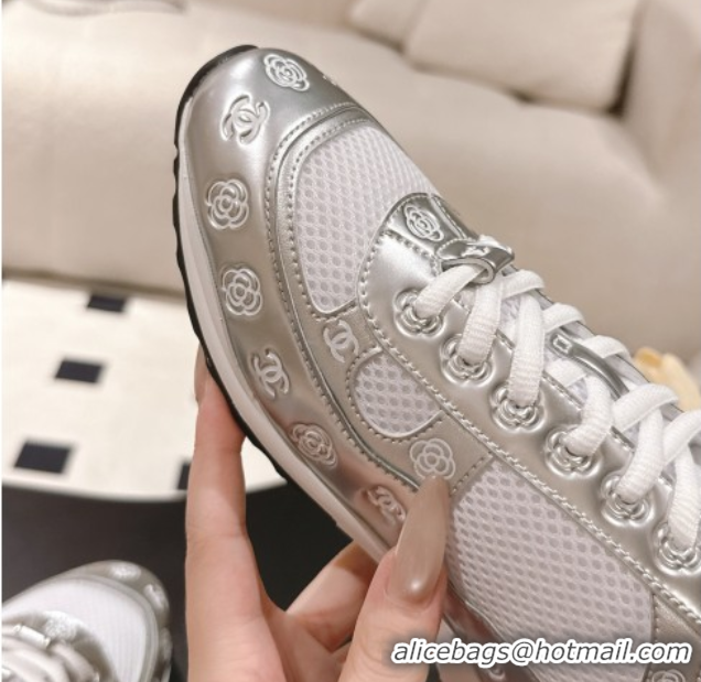Classic Hot Chanel Printed Leather & Mesh Sneakers Silver2 2025 CH071512