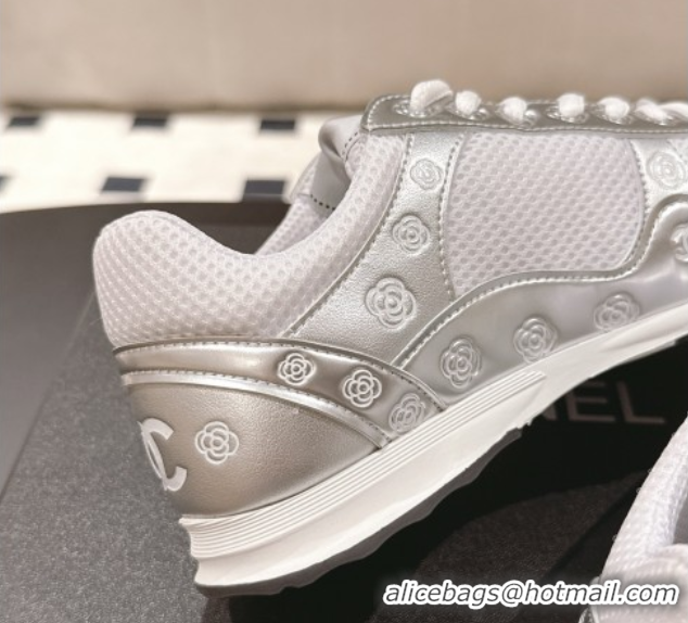 Classic Hot Chanel Printed Leather & Mesh Sneakers Silver2 2025 CH071512