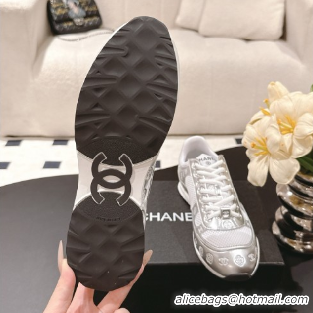 Classic Hot Chanel Printed Leather & Mesh Sneakers Silver2 2025 CH071512