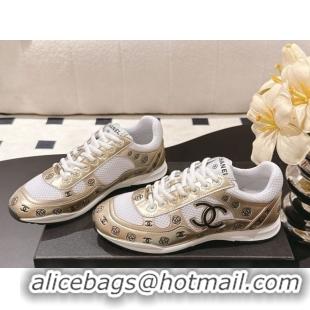 Big Discount Chanel Printed Leather & Mesh Sneakers Gold 2025 CH071512