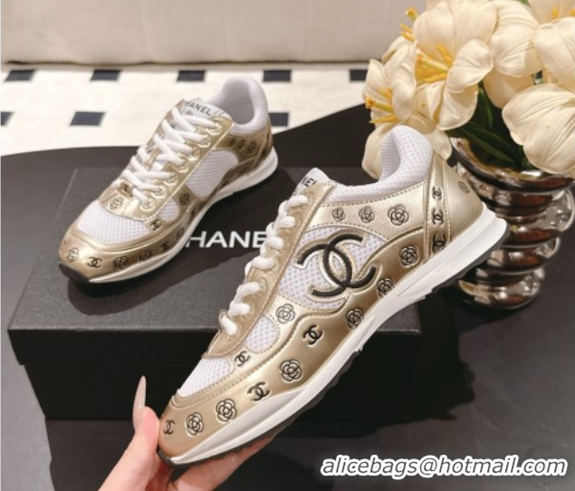 Big Discount Chanel Printed Leather & Mesh Sneakers Gold 2025 CH071512