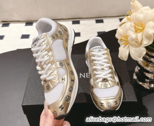 Big Discount Chanel Printed Leather & Mesh Sneakers Gold 2025 CH071512
