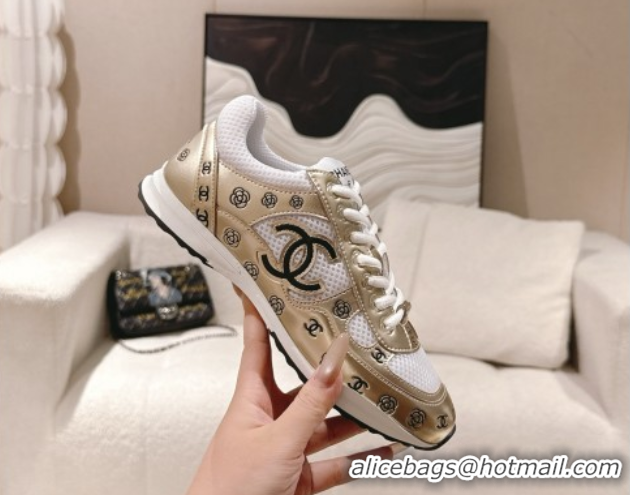 Big Discount Chanel Printed Leather & Mesh Sneakers Gold 2025 CH071512