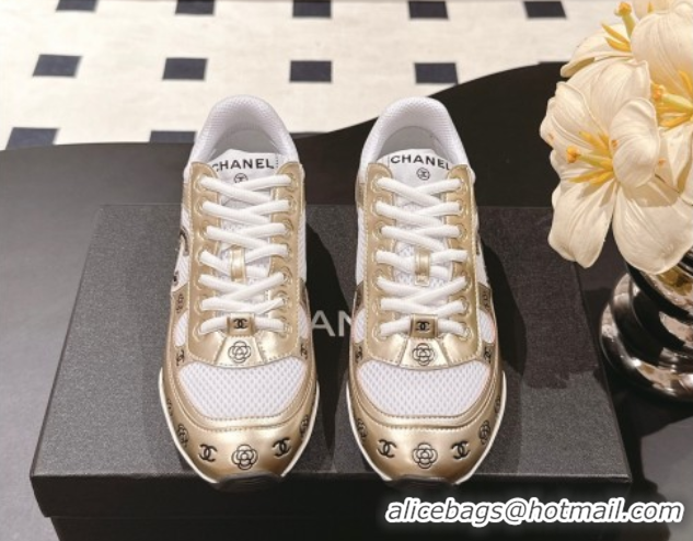 Big Discount Chanel Printed Leather & Mesh Sneakers Gold 2025 CH071512