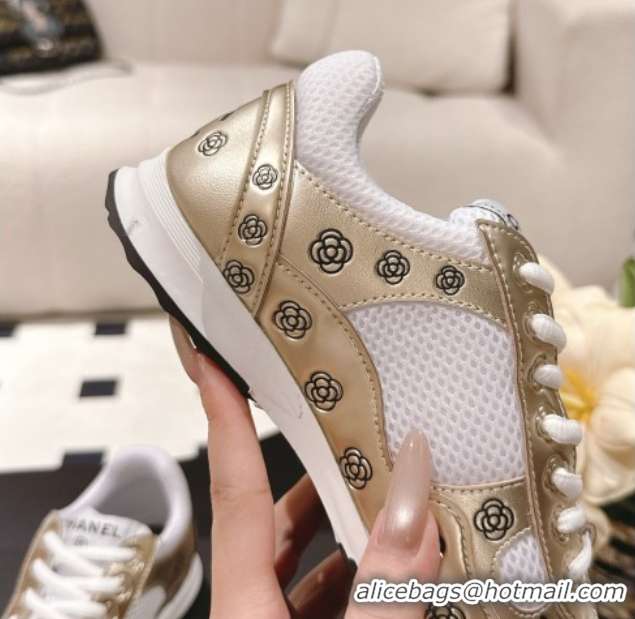 Big Discount Chanel Printed Leather & Mesh Sneakers Gold 2025 CH071512