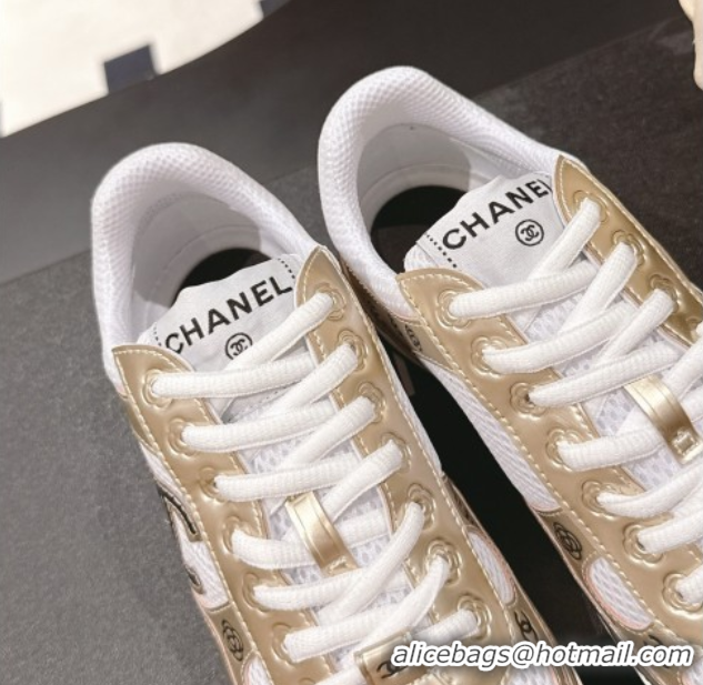 Big Discount Chanel Printed Leather & Mesh Sneakers Gold 2025 CH071512