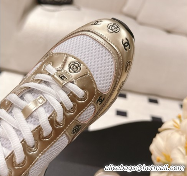 Big Discount Chanel Printed Leather & Mesh Sneakers Gold 2025 CH071512