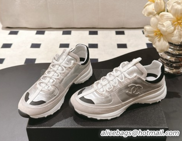 Shop Cheap Chanel Laminated Calfskin & Suede Sneakers Light Gold/Grey 2025 G46609