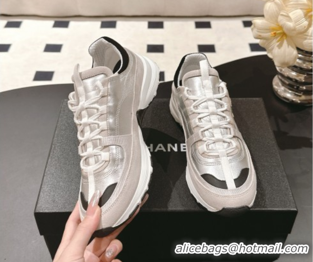 Shop Cheap Chanel Laminated Calfskin & Suede Sneakers Light Gold/Grey 2025 G46609