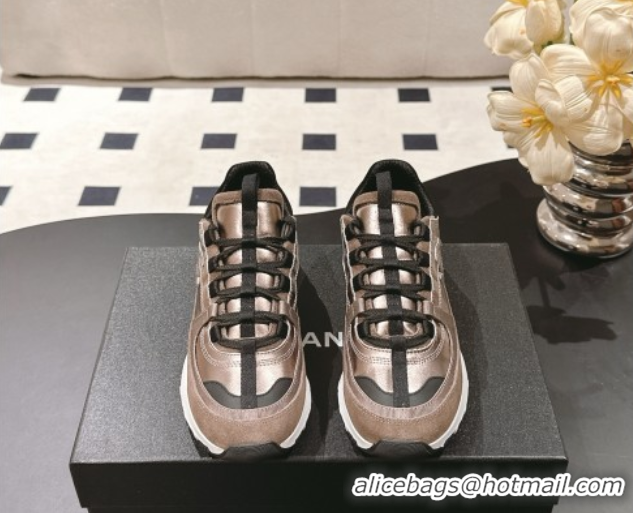 Fashion Chanel Laminated Calfskin & Suede Sneakers Bronze/Grey 2025 G46609