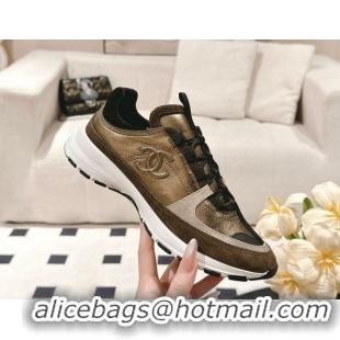 Shop Duplicate Chanel Laminated Calfskin & Suede Sneakers Gold/Khaki 2025 G46609